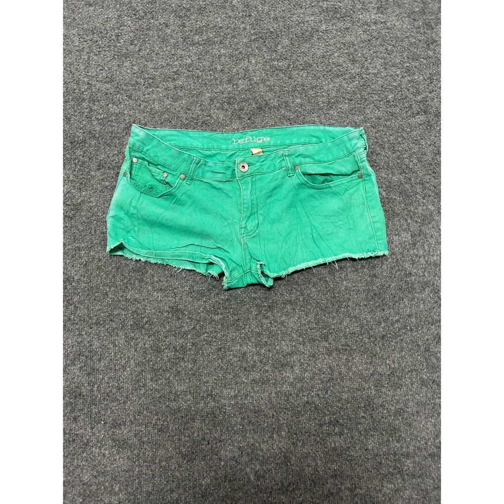 Refuge Shorts Womens Size 14 Green Denim Cut Off Raw Hem Low Rise Stretch Casual